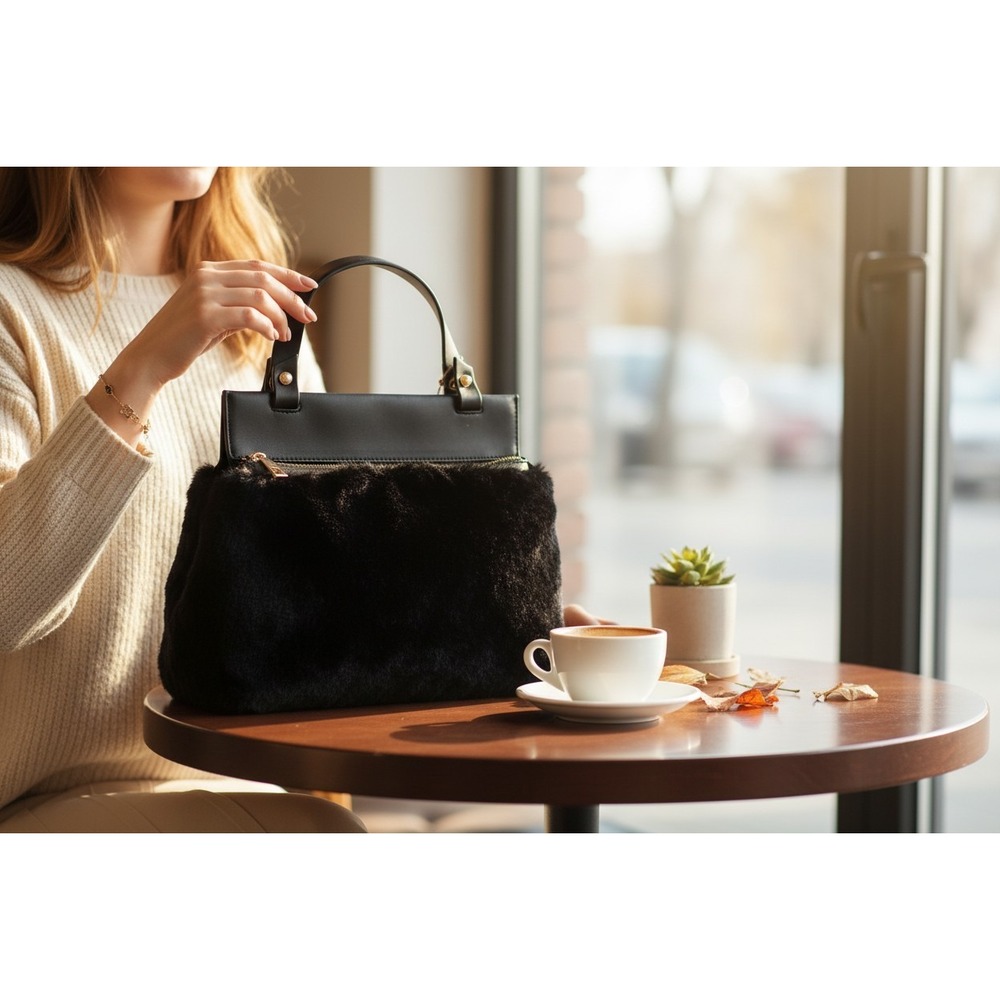 A New Day Faux Fur Satchel Women Medium Black Brand New Convertible Crossbody - Picture 1 of 8